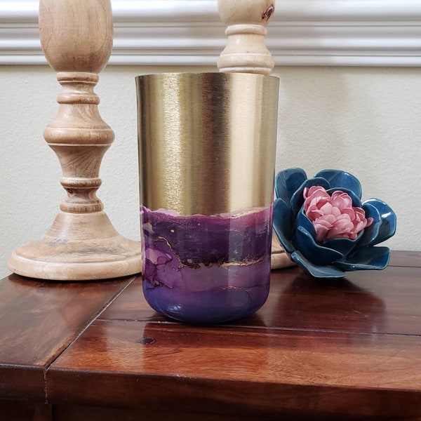 Modern Brass purple pink blue alcohol ink vase, Unique amethyst coffee table mantel decor, crystal inspired alter candle holder planter