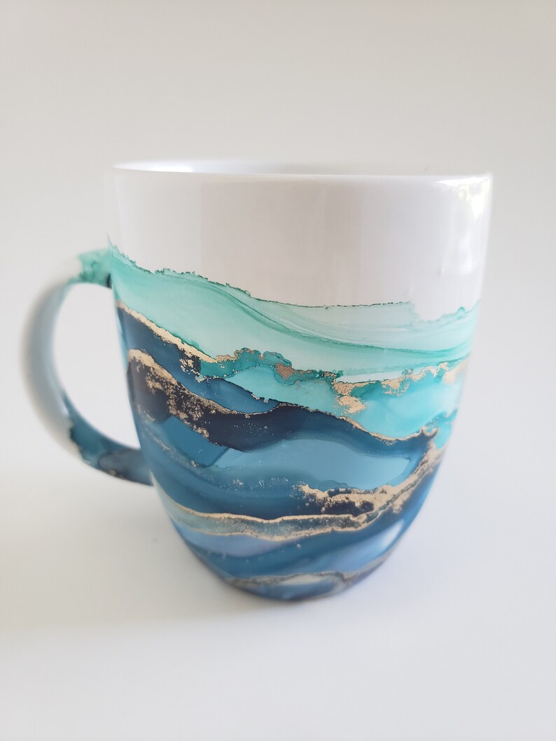 Alcohol Ink Mug Custom Blues and Gold Custom Mug | Etsy