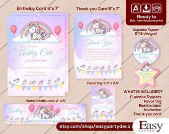 Unicorn Party Package Birthday, Editable Unicorn Party Decorations, Unicorn Invite Girl, Invitations Unicorn Template Digital.