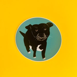 May include: A black and white illustration of a dog with a blue background. The dog is looking directly at the viewer.