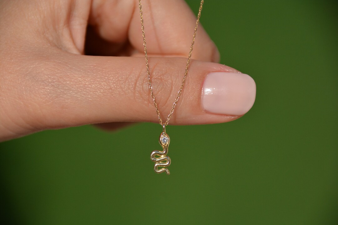 Dainty Diamond Snake Necklace 14k Solid Gold Snake Charm Etsy