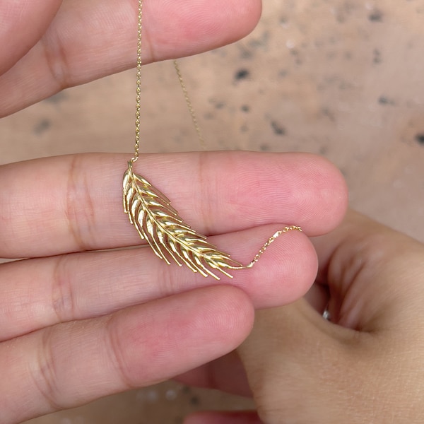 14K Solid Gold Wheat Necklace, Personalize Wheat Leaves Necklace, Christmas Gift, Genuine  Gold Pendant, Handmade to order, Gift for Her