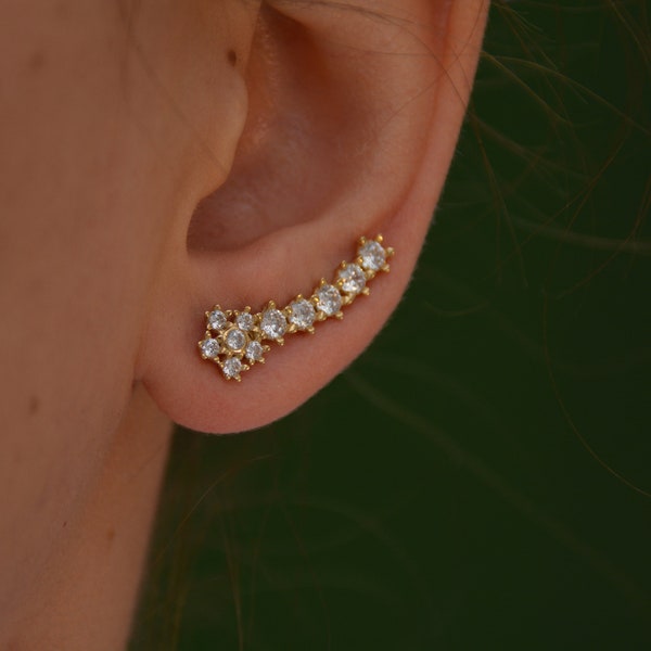 Gold Ear Climbers, 14k Solid Gold Ear Climbers / Celestial Ear Climber Earrings / A Single Lobe Piercing / Gold Ear Jackets / Gold Ear Cuff
