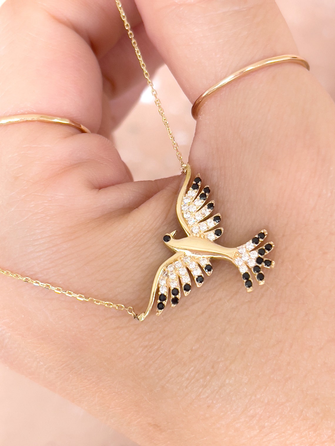 14k Solid Gold Bird Necklace / Swallow Bird Necklace / Bird Etsy