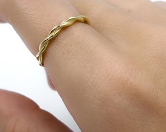 14K Solid Gold Twist Rope Ring, Twisted Rope Gold Wedding Band, Dainty Stacking Twist Ring, Real gold Delicate Twist Ring, Stackable Beaded