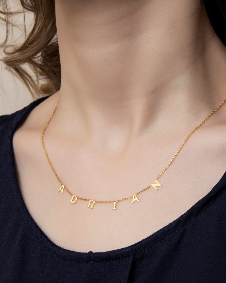 Name Necklace Gold 14K Solid / Spaced Letter Necklace Gold / Etsy