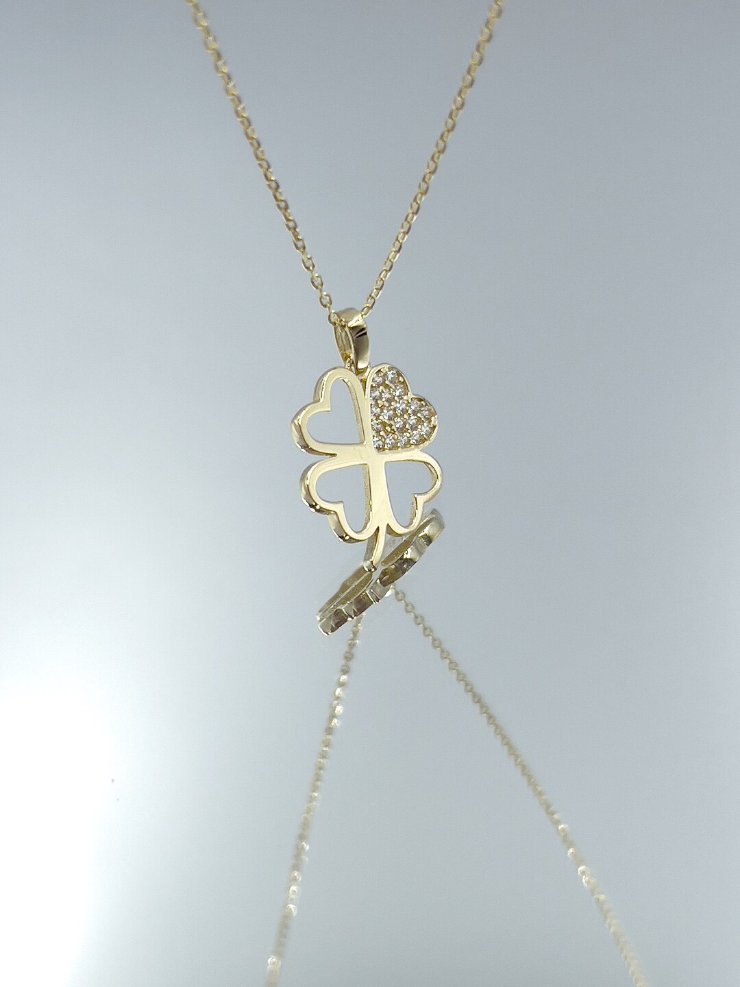 14K Solid Gold Four Leaf Clover Necklace, 4 Leaf Clover Pendant, Good