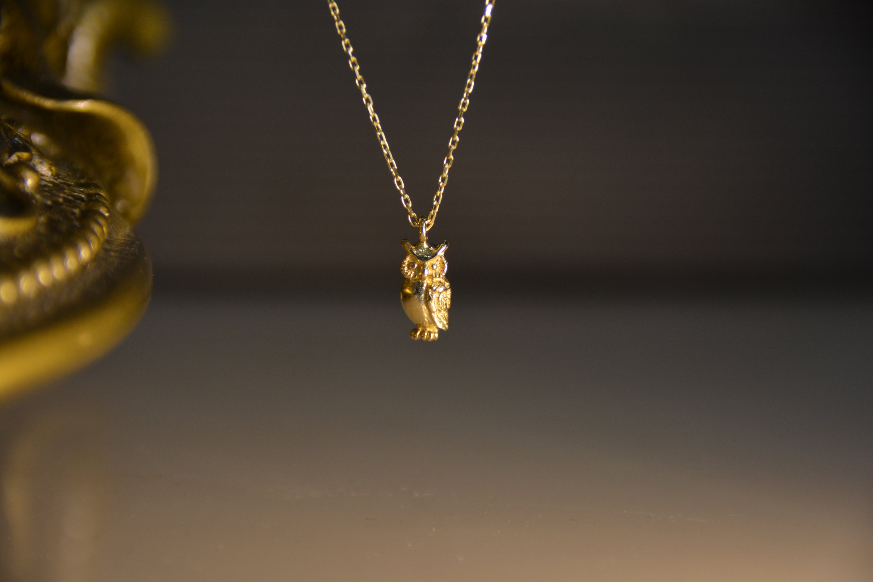 Real Solid Gold Owl Necklace 14k Solid Gold Owl Pendant Etsy