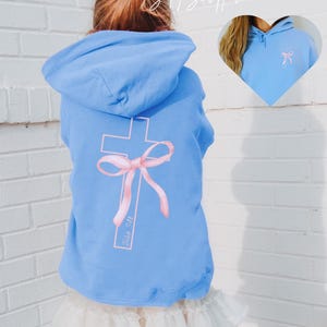 Kids Christian Sweatshirt, Youth Jesus Hoodie with Design on Back and Front, Bible Verse Bow Cross FaithShirt, Religious Apparel for Child