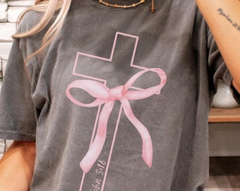 Coquette Christian Shirt, Boho Christian Tshirt, Comfort Colors Tee, Bible Verse Shirt, Pink Bow Cross Faith Top, Religious Apparel, Jesus