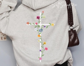 Christliches Sweatshirt, Jesus Hoodie mit Blumenkreuz, Glaubens-Shirt, religiöses Kleid, Kirchenpullover