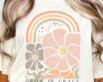 Boho Christian T-shirt Crewneck Bible Verse Grow in Grace Rainbow Flower Floral Shirt for Her Gift for Godly Women Faith Christian Boutique