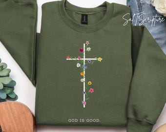 Sudadera cristiana, camiseta de Jesús con palabras en la espalda, camiseta de Dios es bueno, camiseta de fe con cruz floral, ropa religiosa