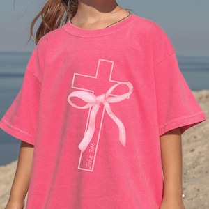 Comfort Colors Kids Christian Shirts, Coquette Bible Verse Shirt, Jesus Shirt, Religious Kids Faith Tee, Christian Shirt, Pink Bow Cross