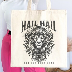 Boho Christian Canvas Tote Bag,  Grocery Tote, Hail Hail Lion of Judah Bible Verse Gift, Reusable Bag, Church Bag, Bible Tote for Him, Her