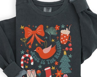 Comfort Colors Christmas Sweatshirt, Boho Christmas Shirt, Womens Christmas Sweater, Christmas Crewneck, Holiday Sweatshirt, Christian Shirt