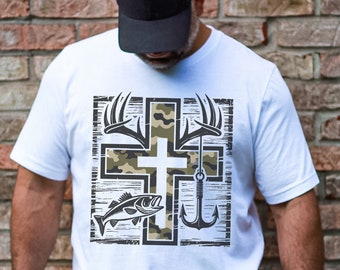 Camicia cristiana da uomo Comfort Color, camicia cristiana personalizzata mimetica, camicia da caccia, camicia da pesca, camicia di Gesù, abbigliamento cristiano