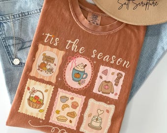 Vintage herfst shirt met ronde hals comfort kleuren, dit is het seizoen, pompoenseizoen T-shirt, retro herfst grafische Thanksgiving pompoen damesshirt