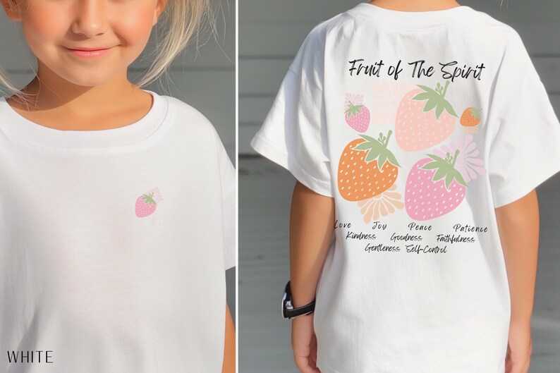 May include: White t-shirt with a strawberry graphic on the front and the text "Fruit of The Spirit" with a strawberry graphic and the text "Love, Joy, Peace, Patience, Kindness, Goodness, Faithfulness, Gentleness, Self-Control" on the back.