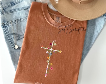 Comfort Colors Christian Shirt, God is Good Shirts, Bible Verse Shirt, Floral Cross Faith Shirt, Religious Apparel,  Flower Cross, Jesus Tee