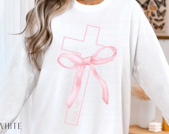 Camisa cristiana coqueta, sudadera cristiana bohemia, colores cómodos, camisa con versículo bíblico, top con cruz de lazo rosa, ropa religiosa, Jesús