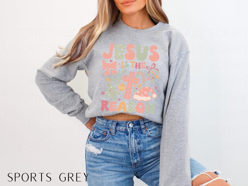 May include: A gray sweatshirt with a Christmas-themed graphic that says "Jesus is the reason for the season".