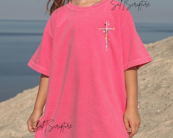 Kids Comfort Colors Christian TShirt, Floral Cross Faith Shirt, Religious Apparel,  Flower Jesus Tee
