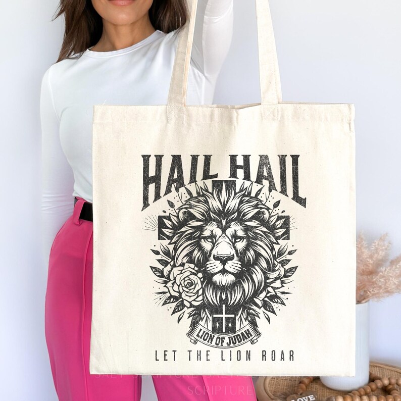 Boho Christian Canvas Tote Bag,  Grocery Tote, Hail Hail Lion of Judah Bible Verse Gift, Reusable Bag, Church Bag, Bible Tote for Him, Her