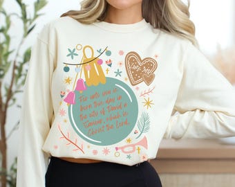 Comfort Colors, Boho Christmas Shirt, Womens Christmas Crewneck, Christian Shirt Holiday, Bible Verse Shirt, Long Sleeve Christmas Top Jesus