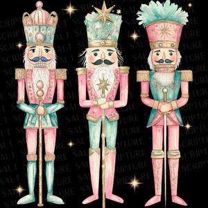 May include: Three pink and teal nutcracker figurines with gold accents and glitter. The nutcrackers are standing on a black background.