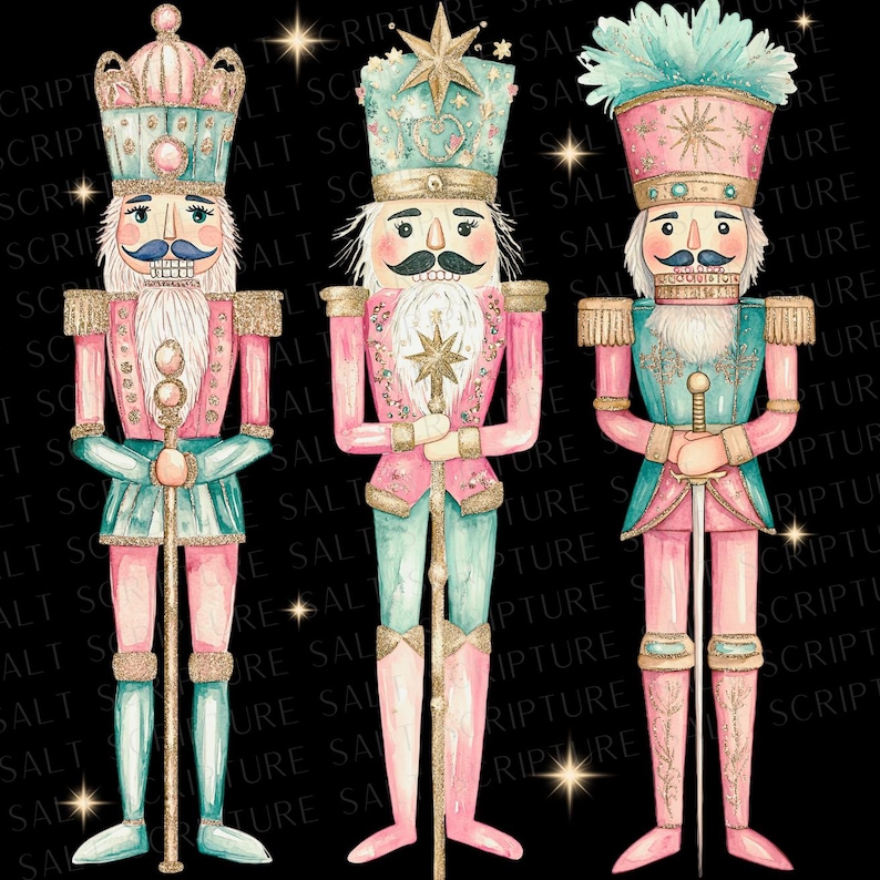 May include: Three pink and teal nutcracker figurines with gold accents and glitter. The nutcrackers are standing on a black background.
