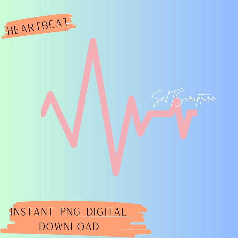 May include: A digital graphic with a pink heartbeat line on a gradient background of blue and green. The text "HEARTBEAT" is in a rectangular orange shape at the top, and "INSTANT PNG DIGITAL DOWNLOAD" is at the bottom.