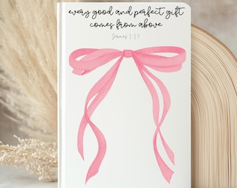 Coquette kristen journal med bibelversdesign för kristna tjejer, flickig kyrklig predikanteckningsbok, rosa Coquette-rosett för kristendom