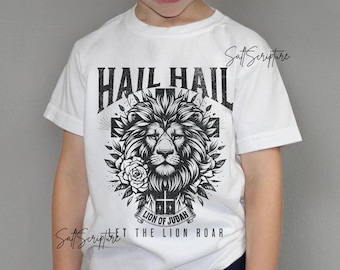 Kids Christian Shirt, Youth Faithshirt, Faith Religious Apparel, Hail Hail Lion of Judah