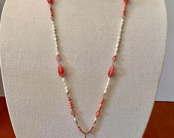 Cherry Quartz and Freshwater Pearls Necklace, Earrings