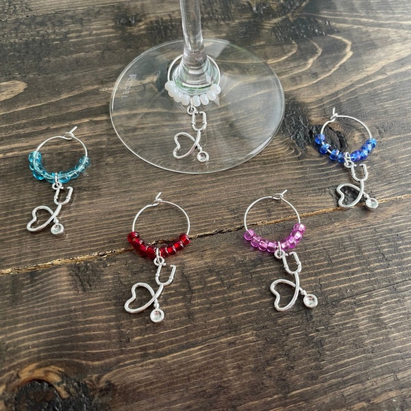 Doctor Nurse Vet Stethoscope Wine Glass Charm, set of 5 decorative marker accessories for wine