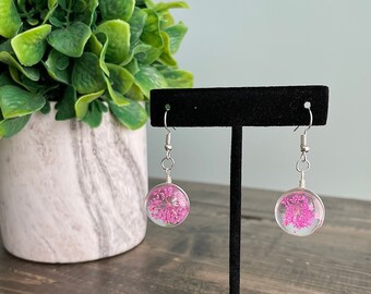 Pink, Yellow, Red Dried Flower Resin Dangle Hook Earrings