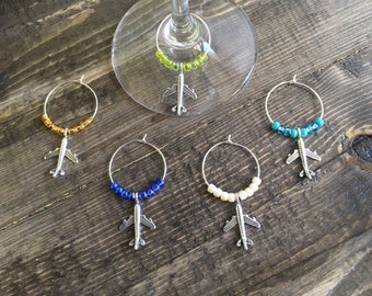 Tropical Travel Airplane Aircraft Inspired Wine Glass Charms, set of 5 decorative marker accessories for wine