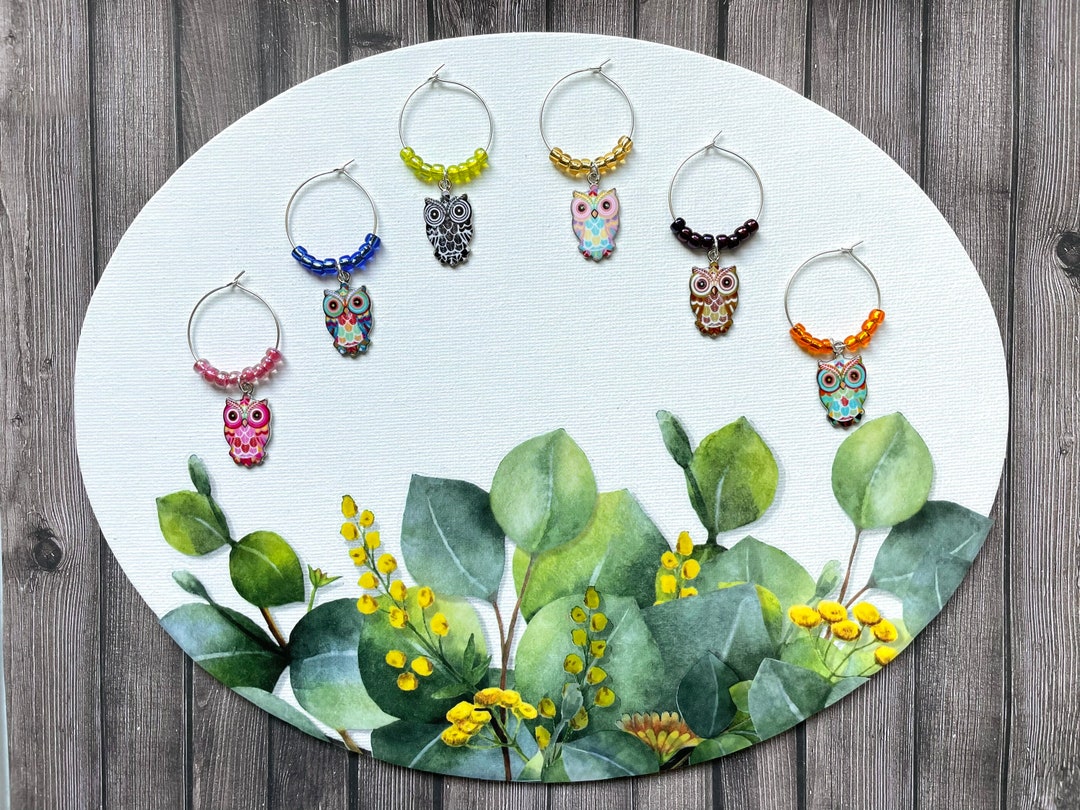 Multicoloured Owl Wine Glass Charm, Set of 6 Decorative Marker