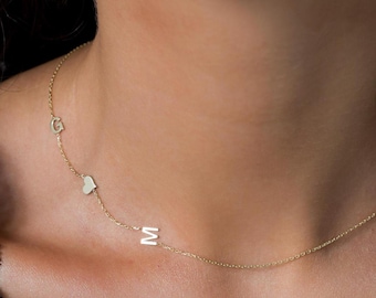 14K massief gouden ketting met zijwaartse initiaal - Gepersonaliseerde briefsieraden