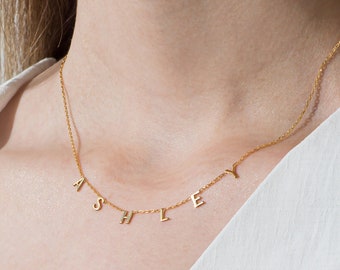 14K Solid Gold Name Necklace, Personalized Letter Charm