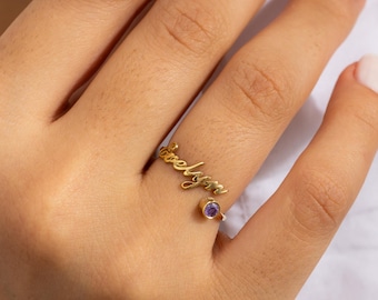 Gepersonaliseerde geboortesteenring met naam, aangepaste sterlingzilveren band
