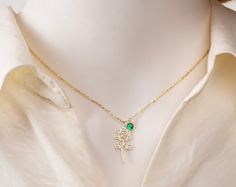 Collana personalizzata con fiore di nascita in argento sterling - Ciondolo con pietra portafortuna personalizzata