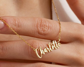 14K Solid Gold Namenskette, personalisierte Schreibschrift, Typenschild Anhänger