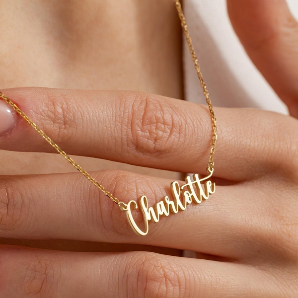 Collar con nombre en oro macizo de 14 quilates, tipografía cursiva personalizada, colgante con placa de identificación.