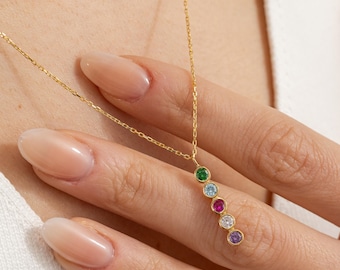 Personalized Vertical Birthstone Necklace – Family Pendant in Sterling Silver, Gold, or Rose Gold