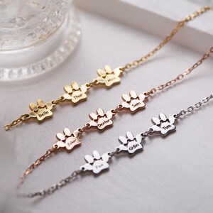 May include: Three gold, rose gold, and silver necklaces with paw print charms. Each charm is engraved with a different name: Bella, Thor, Dexter, Sam, Tom, Joker, Odin, and Finn.