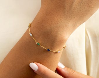 Personalisierte Baguette Birthstone Armband, Sterling Silber Schmuck