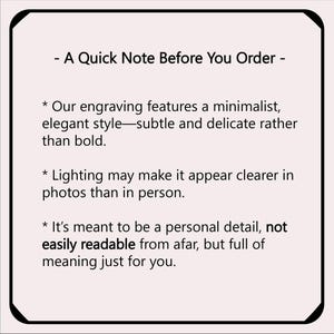 May include: A rectangular card with a black border and a light beige background. The text reads "- A Quick Note Before You Order -" followed by three bullet points describing engraving style and readability.