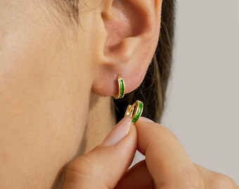 Opal Inlay Huggie Hoop Earrings, Dainty Gemstone Cartilage Hoops